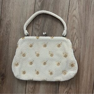 Vintage Corde Bead White Gold Beaded Evening Bag Wedding Purse